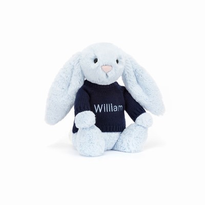 Jellycat Bashful Blue Bunny with Navy Jumper New Zealand | DZNGQ7356